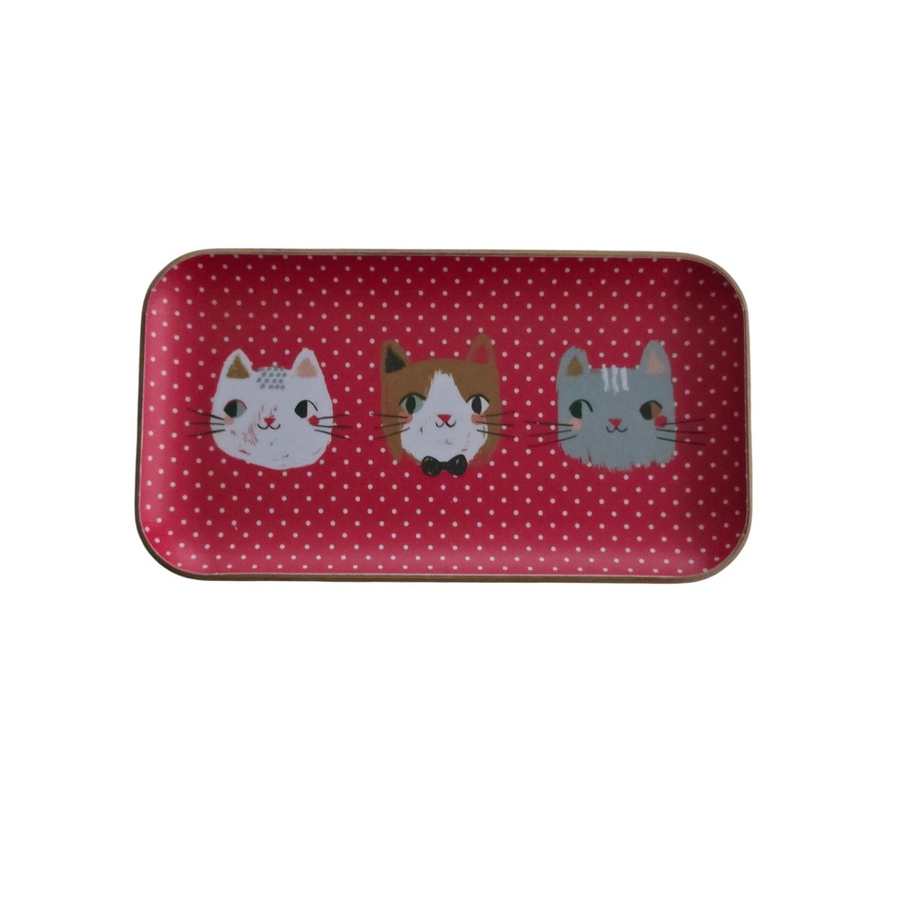Danica Studio Red Polka Dot Cat Trinket Tray Wood Small Rectangular Feline Decor